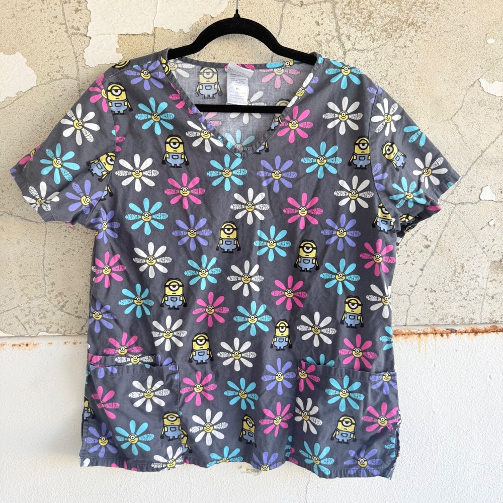 Minions Scrub Top Medical Uniform Daisy Floral Have a Nice Day Despicable Me
